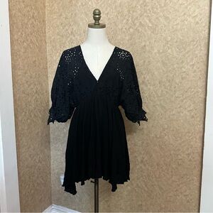 Olivaceous Black Eyelet Coastal Cowgirl Boho Puff Sleeve Deep V Mini Dress